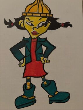 Teal Jacket Red Dress Cartoon Girl Canvas Art